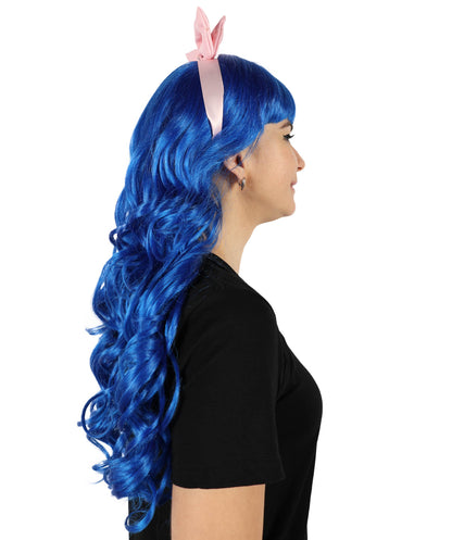 HPO Women's American Singer Medium Length Blue Wavy Pink Bow Wig | Halloween Wig | Flame-retardant Synthetic Fiber