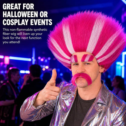 HPO Troll King Wig with Eyebrows Mustache for Adult Teen Bundle Accessory - Tall straight hairstyle with matching facial hair pieces for character styling