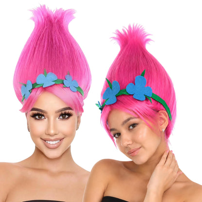 HPO Pointed Princess Troll Pointy Wig Floral Crown Adult Teen Hair Bundle - Tall pointed updo with front bangs & voluminous styling costume looks for halloween cosplay events