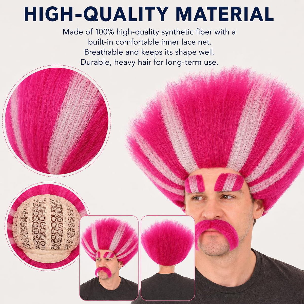 HPO Troll King Wig with Eyebrows Mustache for Adult Teen Bundle Accessory - Tall straight hairstyle with matching facial hair pieces for character styling