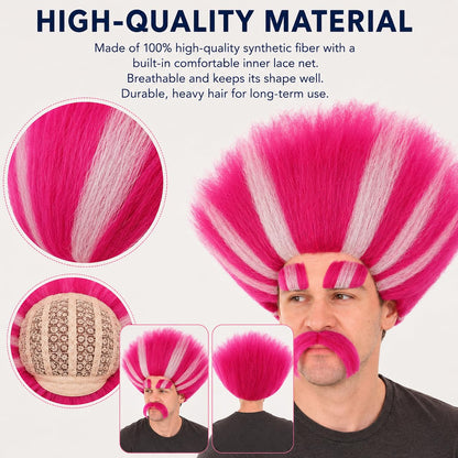 HPO Troll King Wig with Eyebrows Mustache for Adult Teen Bundle Accessory - Tall straight hairstyle with matching facial hair pieces for character styling