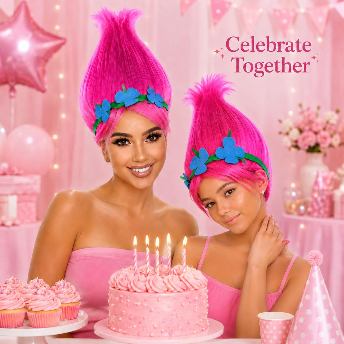 HPO Pointed Princess Troll Pointy Wig Floral Crown Adult Teen Hair Bundle - Tall pointed updo with front bangs & voluminous styling costume looks for halloween cosplay events