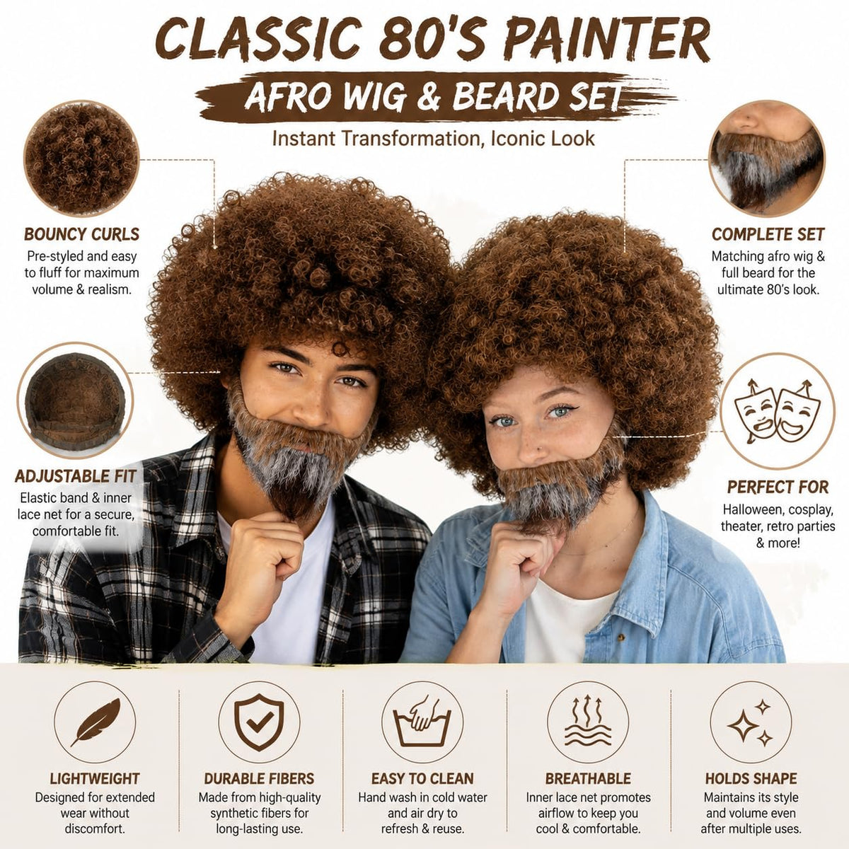 HPO 80s Painter Afro Wig & Beard Set Teen & Adult Brown Curly Hair Bundle - Curl Hair Beard and Mustache Retro Costumes Wigs for Character Styling & Themed Parties