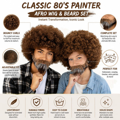HPO 80s Painter Afro Wig & Beard Set Teen & Adult Brown Curly Hair Bundle - Curl Hair Beard and Mustache Retro Costumes Wigs for Character Styling & Themed Parties