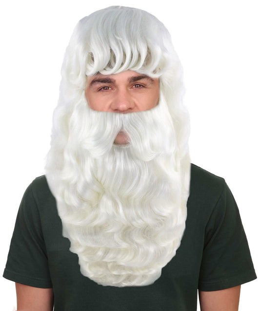 HPO Men's Santa Wig and Full Beard Set| White color|Flame retardant synthetic fiber|Breathable capless cap