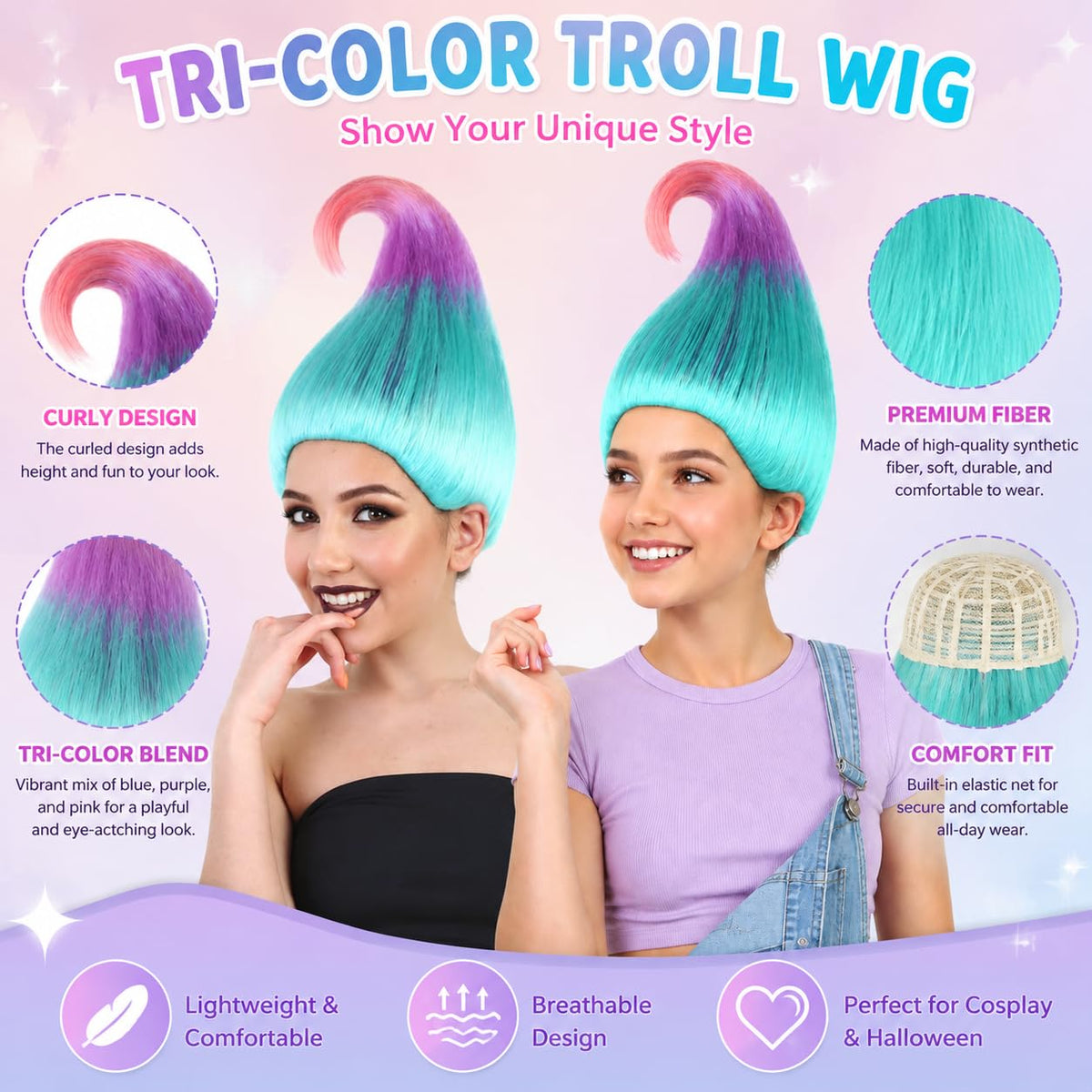 HPO Tri-Color Troll Wig Pointy Troll Fairy Bundle Adult & Teen Costume Hair