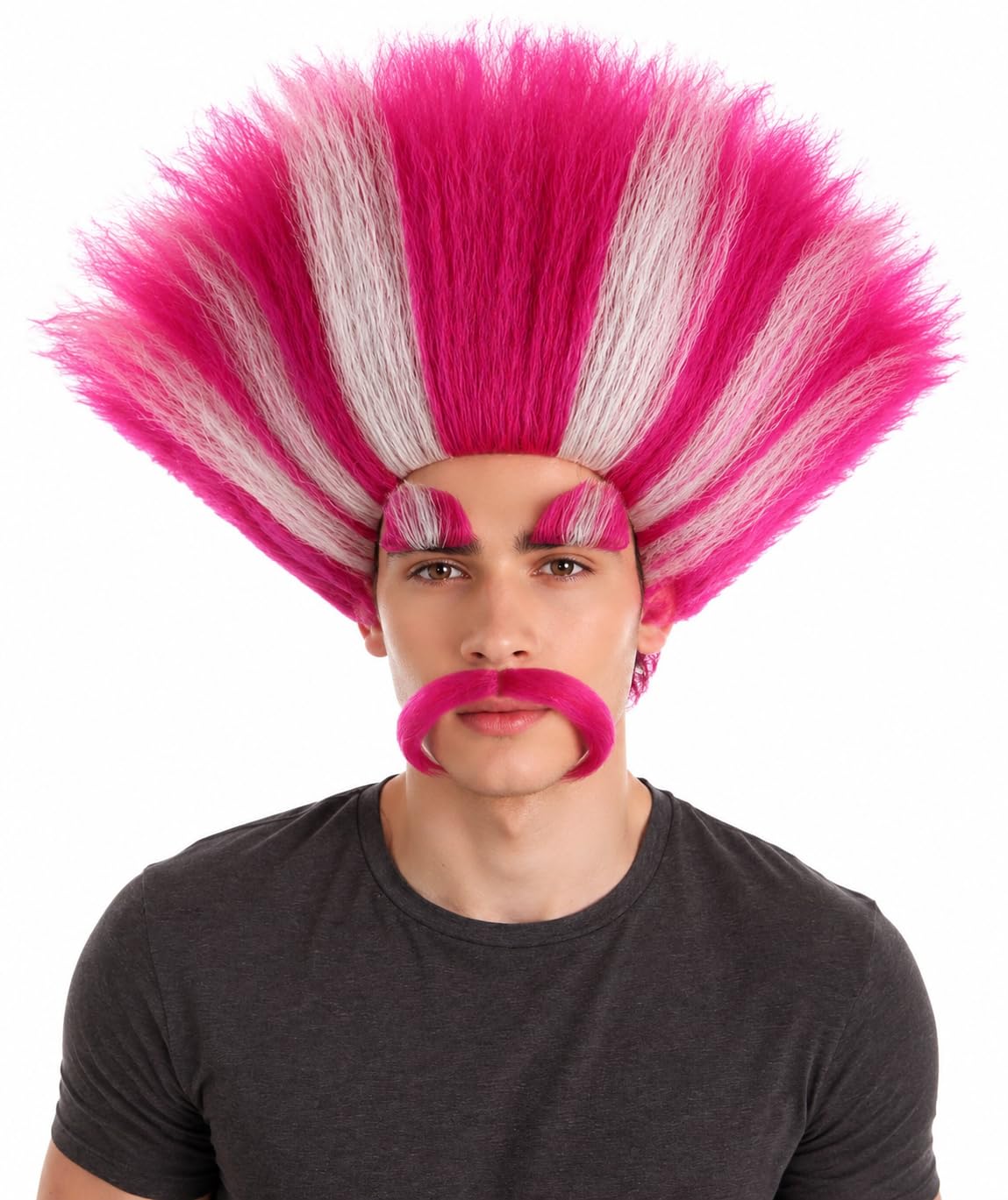 HPO Troll King Wig with Eyebrows Mustache for Adult Teen Bundle Accessory - Tall straight hairstyle with matching facial hair pieces for character styling