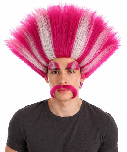 HPO Troll King Wig with Eyebrows Mustache for Adult Teen Bundle Accessory - Tall straight hairstyle with matching facial hair pieces for character styling
