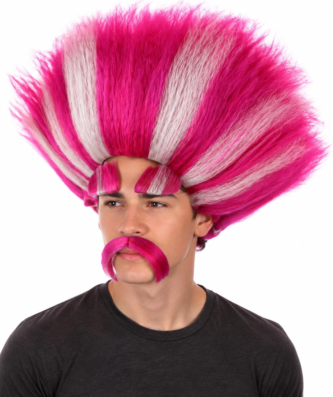 HPO Troll King Wig with Eyebrows Mustache for Adult Teen Bundle Accessory - Tall straight hairstyle with matching facial hair pieces for character styling