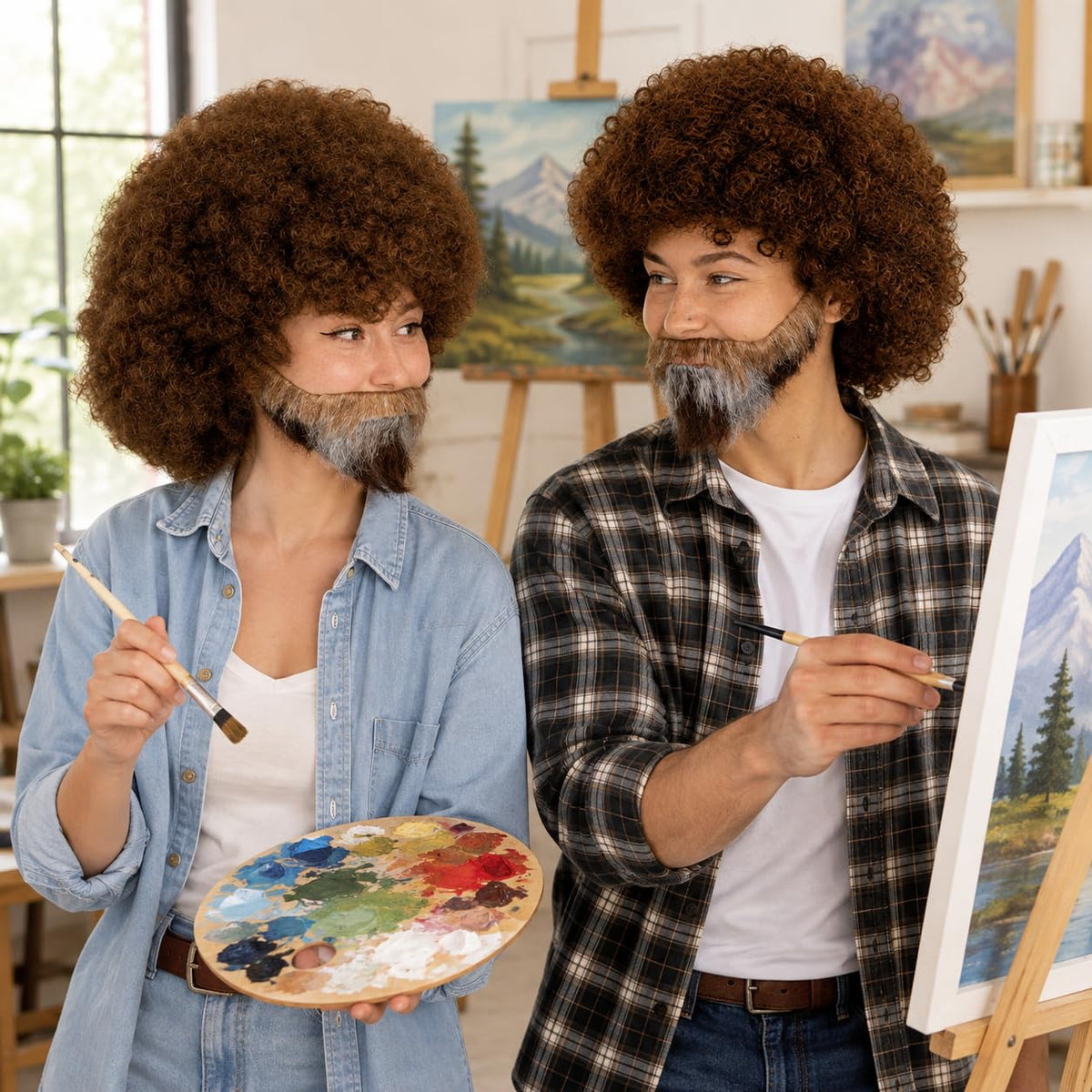 HPO 80s Painter Afro Wig & Beard Set Teen & Adult Brown Curly Hair Bundle - Curl Hair Beard and Mustache Retro Costumes Wigs for Character Styling & Themed Parties