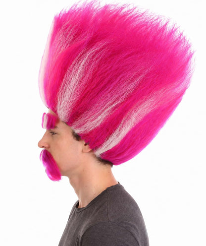 HPO Troll King Wig with Eyebrows Mustache for Adult Teen Bundle Accessory - Tall straight hairstyle with matching facial hair pieces for character styling