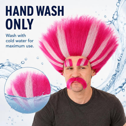 HPO Troll King Wig with Eyebrows Mustache for Adult Teen Bundle Accessory - Tall straight hairstyle with matching facial hair pieces for character styling