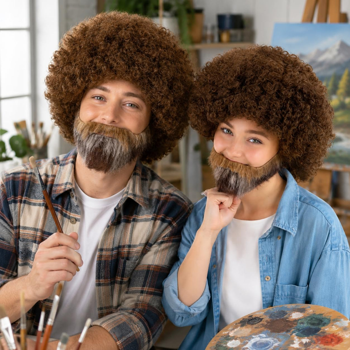 HPO 80s Painter Afro Wig & Beard Set Teen & Adult Brown Curly Hair Bundle - Curl Hair Beard and Mustache Retro Costumes Wigs for Character Styling & Themed Parties