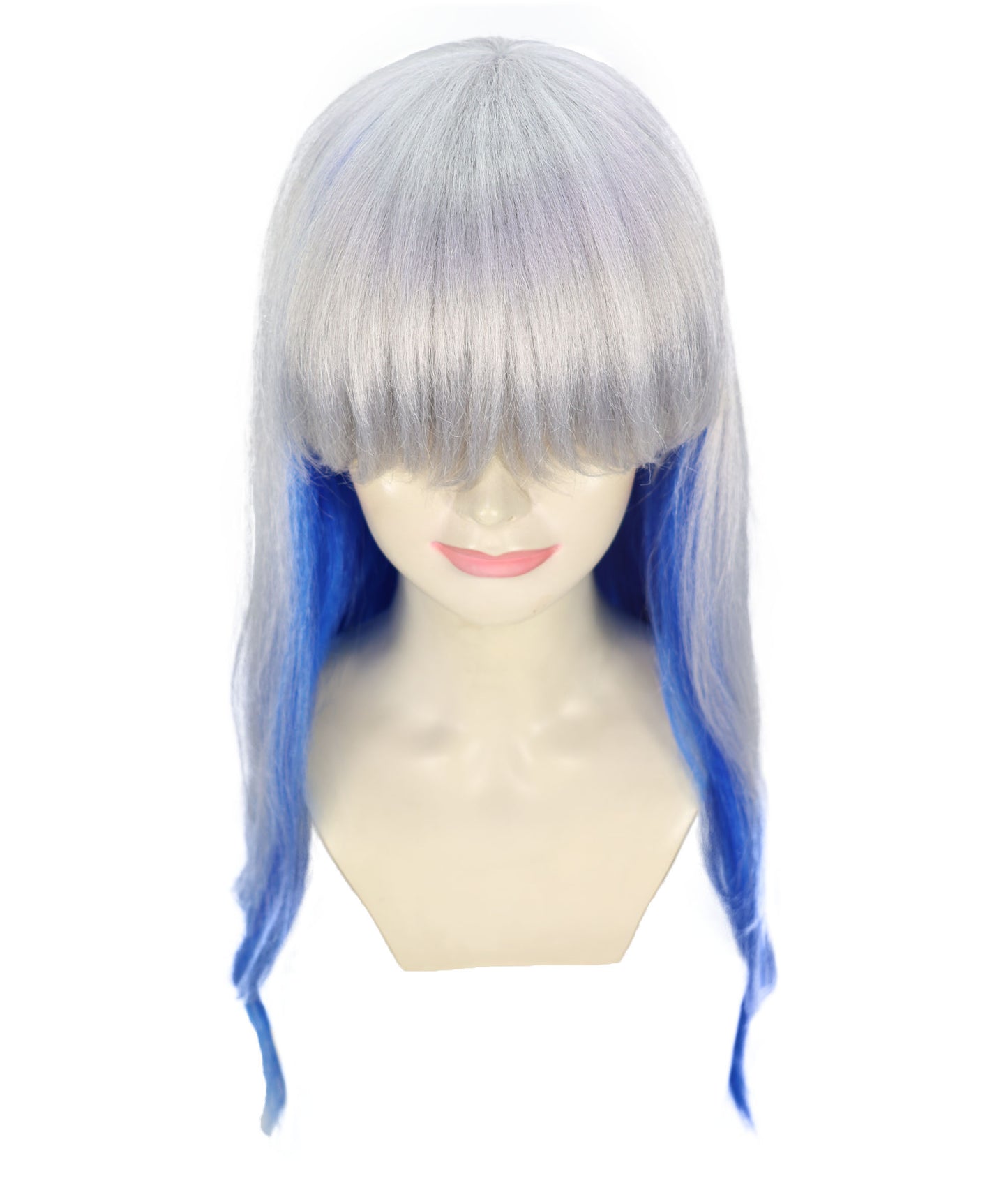 HPO Adult Women’s Long Wavy Silver and Blue Gradient Wig  | Flame-retardant Synthetic Fiber | Flipped Ends Wig for Halloween and Cosplay