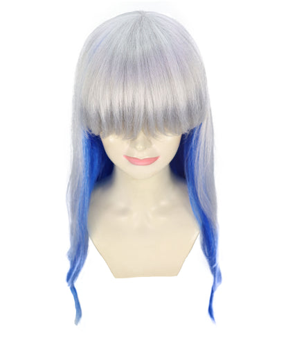 HPO Adult Women’s Long Wavy Silver and Blue Gradient Wig  | Flame-retardant Synthetic Fiber | Flipped Ends Wig for Halloween and Cosplay