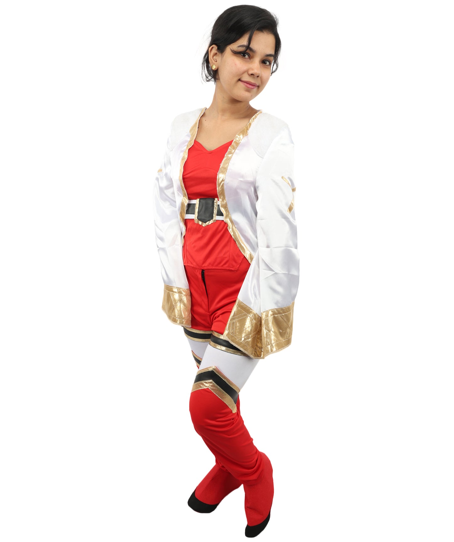 HPO Women's Anime Warrior Fashion Suit | Vibrant red and white jersey satin construction featuring a body, pant, koti, and leg socks | Ideal for party, Halloween, cosplay, theater, drag, performance, costume events