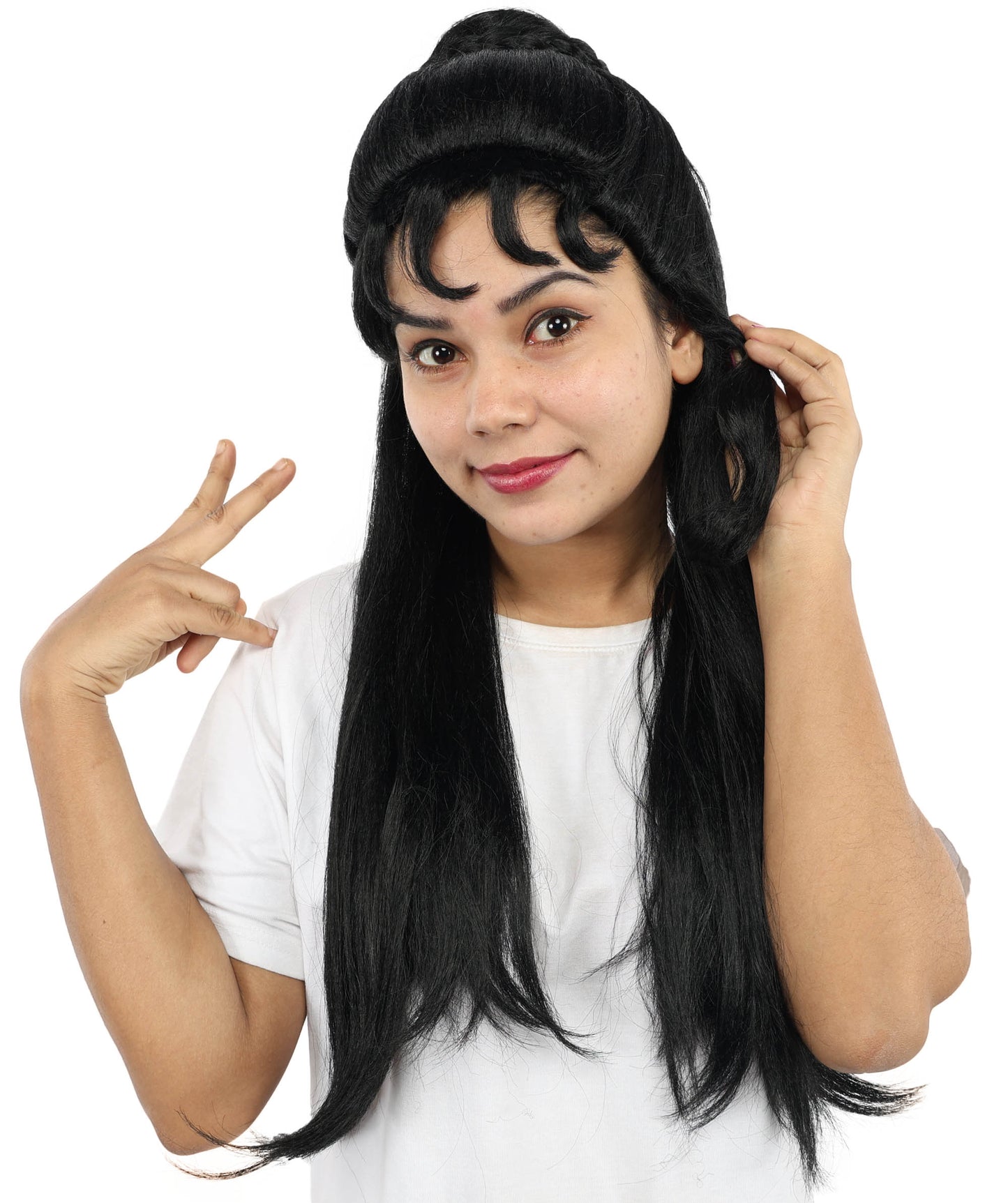 HPO Women’s 24” Long Black Wig | Elegant Half-Up Curly Bangs Wig for Historical, Mythical, or Theatrical Roles | Capless Cap Design