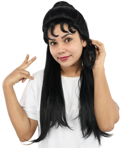 HPO Women’s 24” Long Black Wig | Elegant Half-Up Curly Bangs Wig for Historical, Mythical, or Theatrical Roles | Capless Cap Design