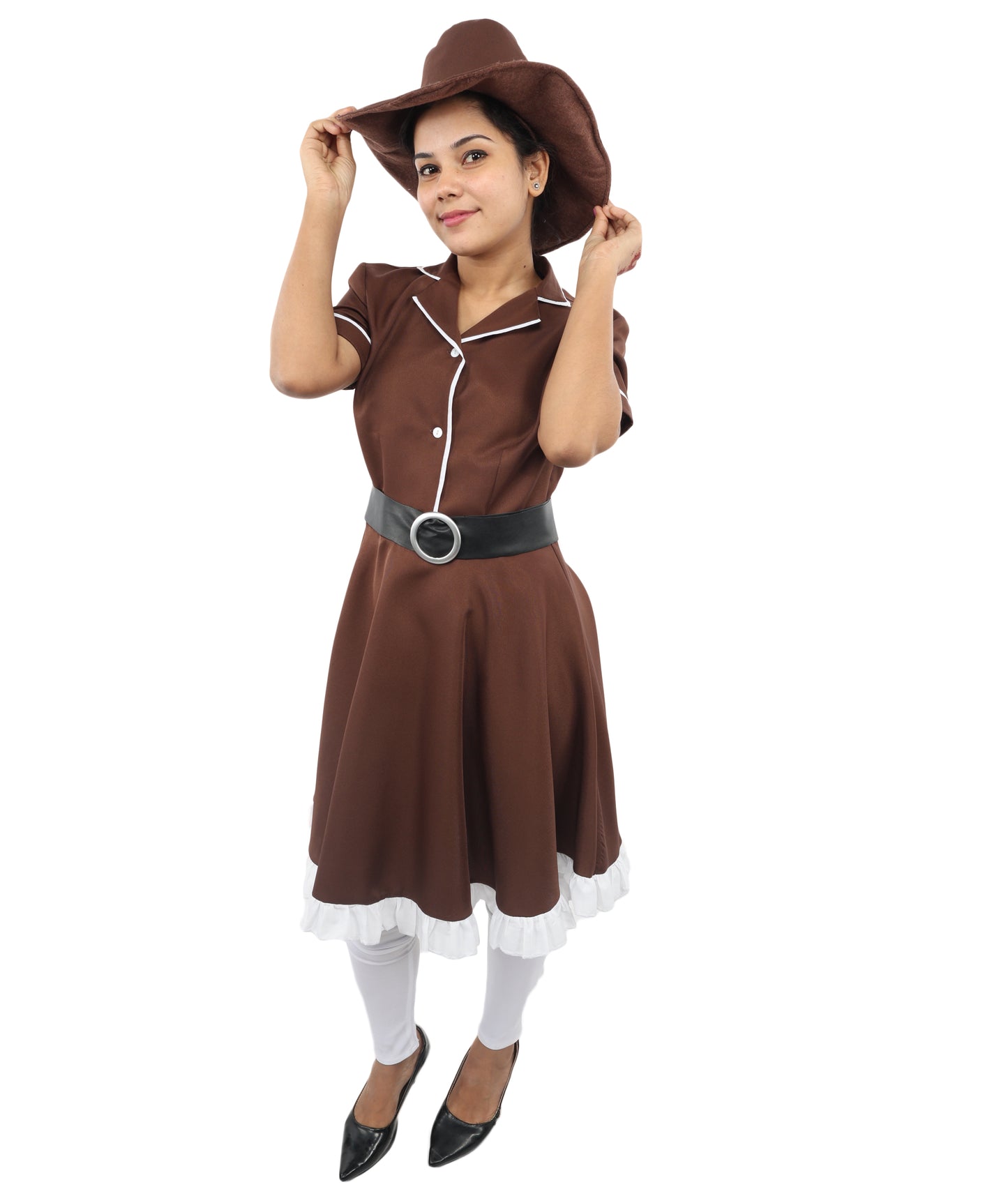HPO Women’s Cowgirl Western Movie Fancy Dress Brown & White Costume – Wild West Party Outfit