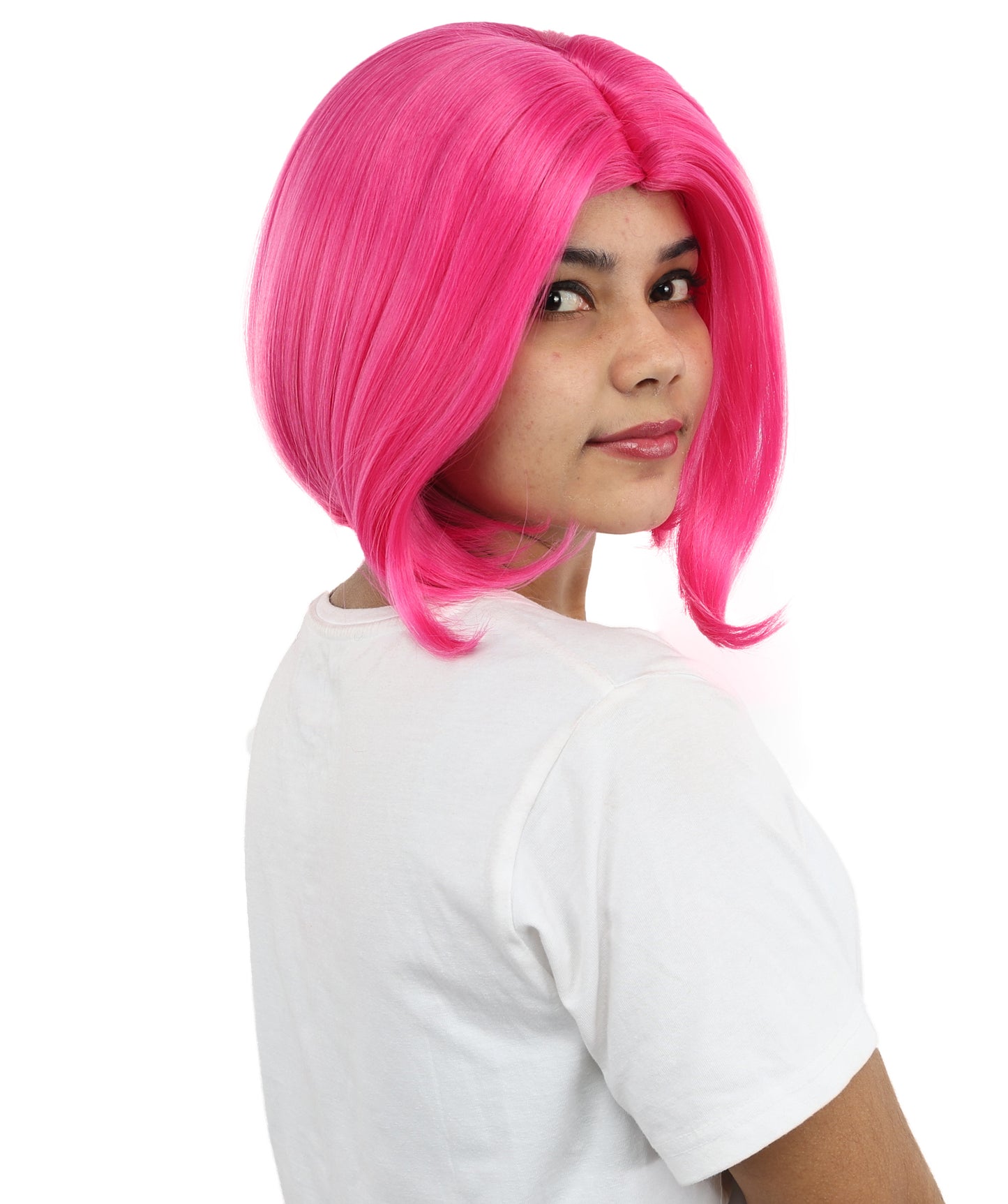 HPO Women’s Straight Pink Bob Wig – 10 Inch Chin-Length with Middle Part | Flame-retardant Synthetic Fiber for Halloween, Cosplay, Party & Festival Use