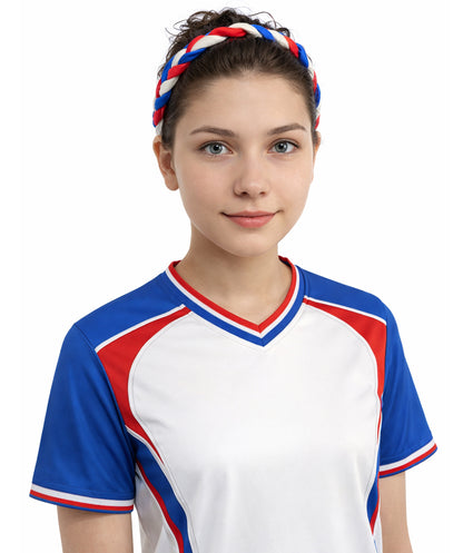 HPO Women's Multinational Braided Hairband | Textured red, white, and blue synthetic fibers woven into a twisted headband with elastic backing | Ideal for party, Halloween, cosplay, theater, drag, performance, costume events