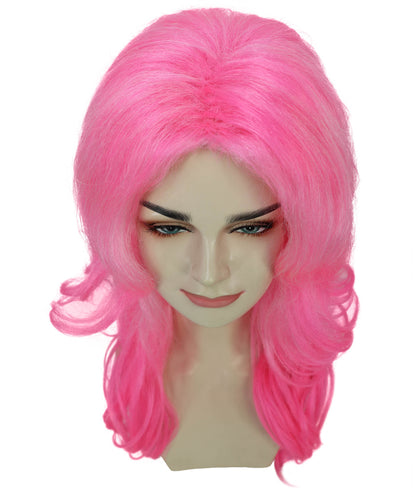 Adult Women’s Vibrant Pink Curly Long Wig | Silk Center-Part Hair Piece for Glam Looks | Flame-Retardant Synthetic Fiber | Ideal for Halloween and themed party