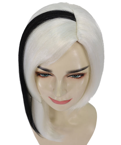 HPO Adult Women’s Glamour Diva White Wig with Black Streaks | Long Synthetic Costume Wig | Halloween Party Diva Look | Breathable Capless Fit, Soft Fiber