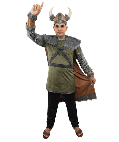 HPO Men’s Authentic Norse Warrior Costume Set with PU Foam Wolf Armor | Viking Outfit with Tunic, Cape & Horned Hat | Ideal for Halloween and Cosplay