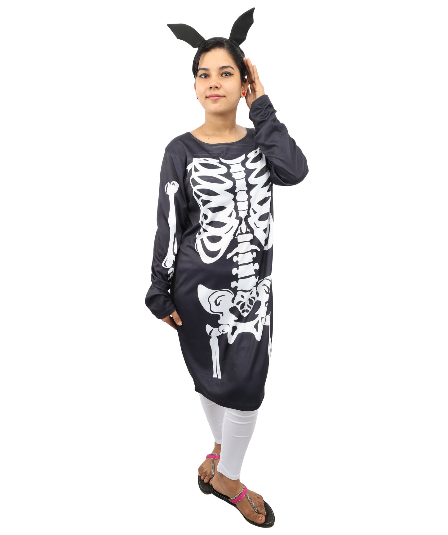 HPO Women's Halloween Skeleton Black & White Costume - Funny Long Sleeve Midi Dress, Black
