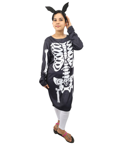 HPO Women's Halloween Skeleton Black & White Costume - Funny Long Sleeve Midi Dress, Black