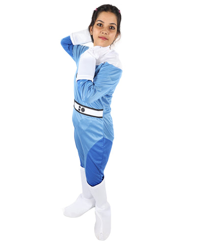 HPO Women’s Ultimate Sci-Fi Costume | 3-in-1 Jersey Dress with Hand Gloves | Blue & White Cosplay Outfit