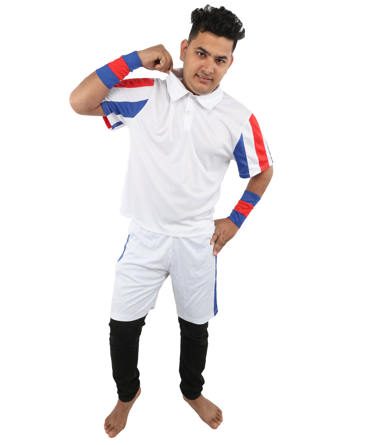 HPO Men's Retro Court Athlete Costume | White Polo and Shorts Set with Striped Accents | Ideal for Halloween, Theater, Drag, and 80s Sports Events
