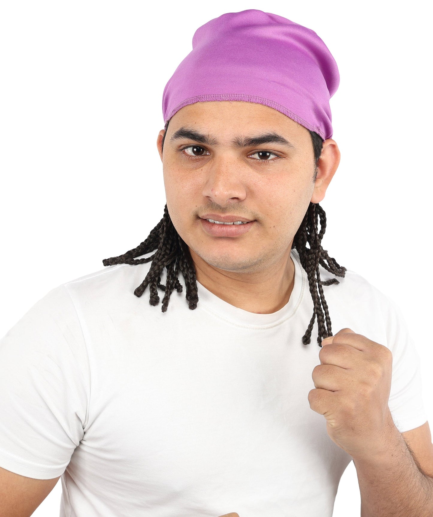 Men’s Movie Character Inspired Black Braided Wig with Purple Head Wrap Hat | Flame-retardant Synthetic Fiber | Ideal Hairpiece for Cosplay & Halloween