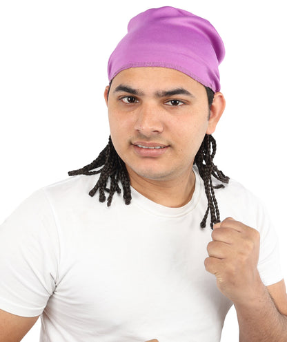 Men’s Movie Character Inspired Black Braided Wig with Purple Head Wrap Hat | Flame-retardant Synthetic Fiber | Ideal Hairpiece for Cosplay & Halloween