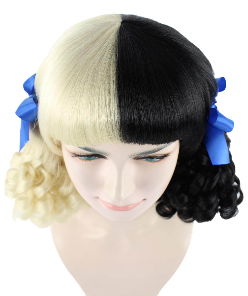 HPO Women's Wig | Curly Ponytail Wig Blue Ribbons | Black & Blonde Celebrity Wig | Premium Breathable Capless Cap