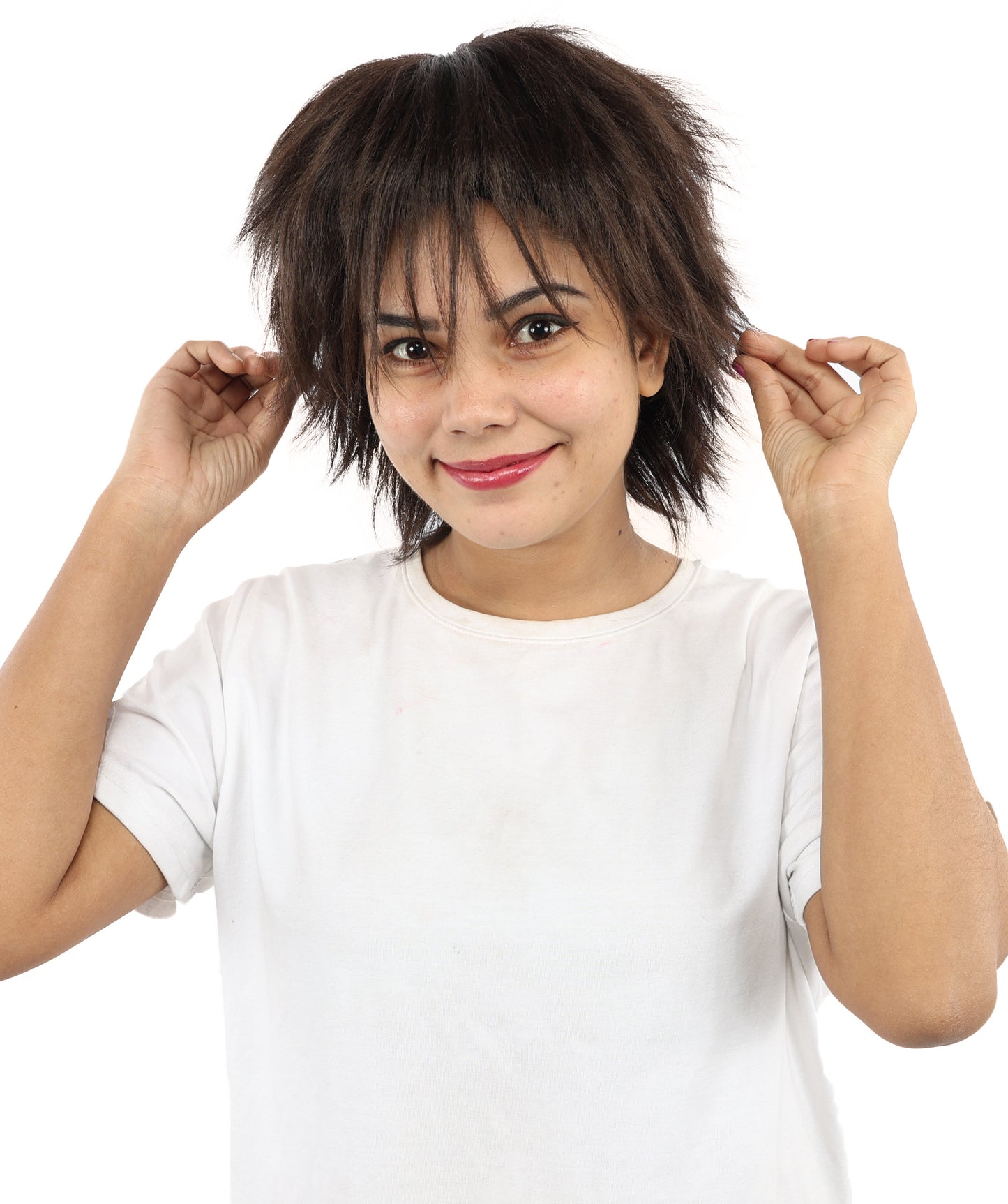 HPO Women's Spiky Layered Short Anime Wig – 12 Inch Natural Dark Brown Messy Wig with Capless Cap Design | Flame-retardant Synthetic Fiber for Costume, Halloween, Parties & Events