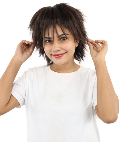 HPO Women's Spiky Layered Short Anime Wig – 12 Inch Natural Dark Brown Messy Wig with Capless Cap Design | Flame-retardant Synthetic Fiber for Costume, Halloween, Parties & Events
