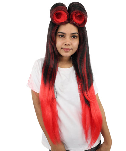 Women’s Straight Black Red Roller-Top Retro Wig | 60s Style Center Part Long Hair | Bold Fancy Dress Party Wig for Fashion, Halloween and Cosplay