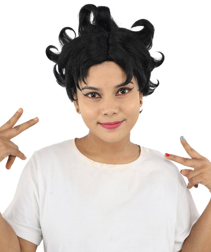 HPO Women's Vintage Pinup Curl Wig | Black synthetic fibers with structured ringlet loops and capless construction | Essential for theatrical stage Halloween drag performance and costume events