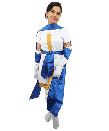HPO Women's Anime Action Heroine Suit | White and blue jersey satin construction featuring a body garment, hand gloves, leg socks, belt, and bow | Ideal for party, Halloween, cosplay, theater, drag, performance, costume events