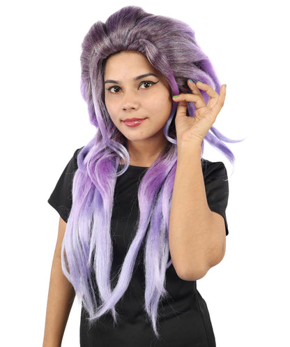 HPO Women's Long Wavy Fantasy Purple wig | Dark roots transitioning to luminescent blue tips, created of flame-retardant synthetic fiber, capless base | Theater stage, costume events, drag
