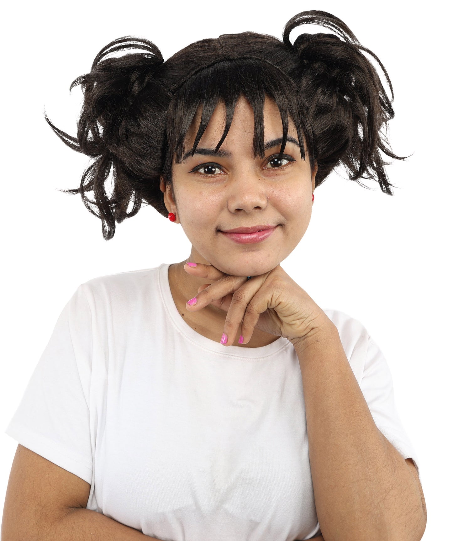 HPO Women’s Messy Twin Bun Wig with Graphic Bangs | Edgy Chocolate Brown Wig for Cosplay, Fashion Events, Halloween & Stage Wear | Adjustable Cap, Lightweight Synthetic Fiber