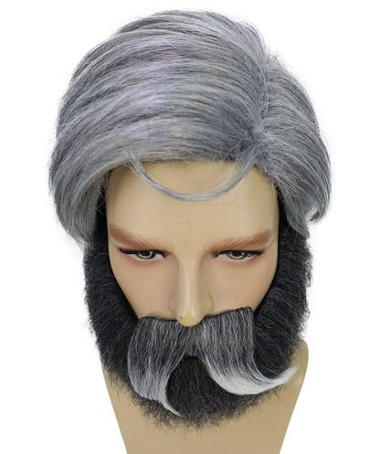 HPO Men's Grey,Salt & Pepper Wig, Beard and Mustache Set | Salt & Pepper Hair Accessories for Old Man Look | Halloween, Costume Parties, Stage Acts & Themed Events