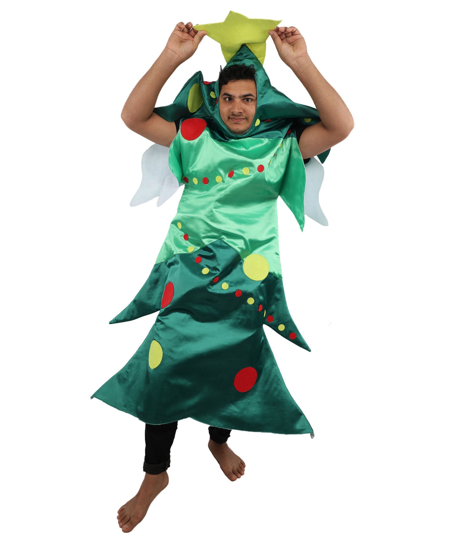 HPO Men's Festive Christmas Tree Costume | Green Structured Foam and Jersey Tunic with Star Accent | Ideal for Halloween, Theater, Drag, and Holiday Performance Events