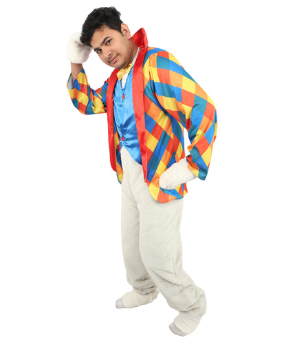 HPO Men's Festive Rabbit Mascot Ensemble | Multi-Color Diamond Pattern with Satin Vest and Faux Fur Accents | Ideal for Cosplay, Halloween, Drag, and Holiday Performance Events