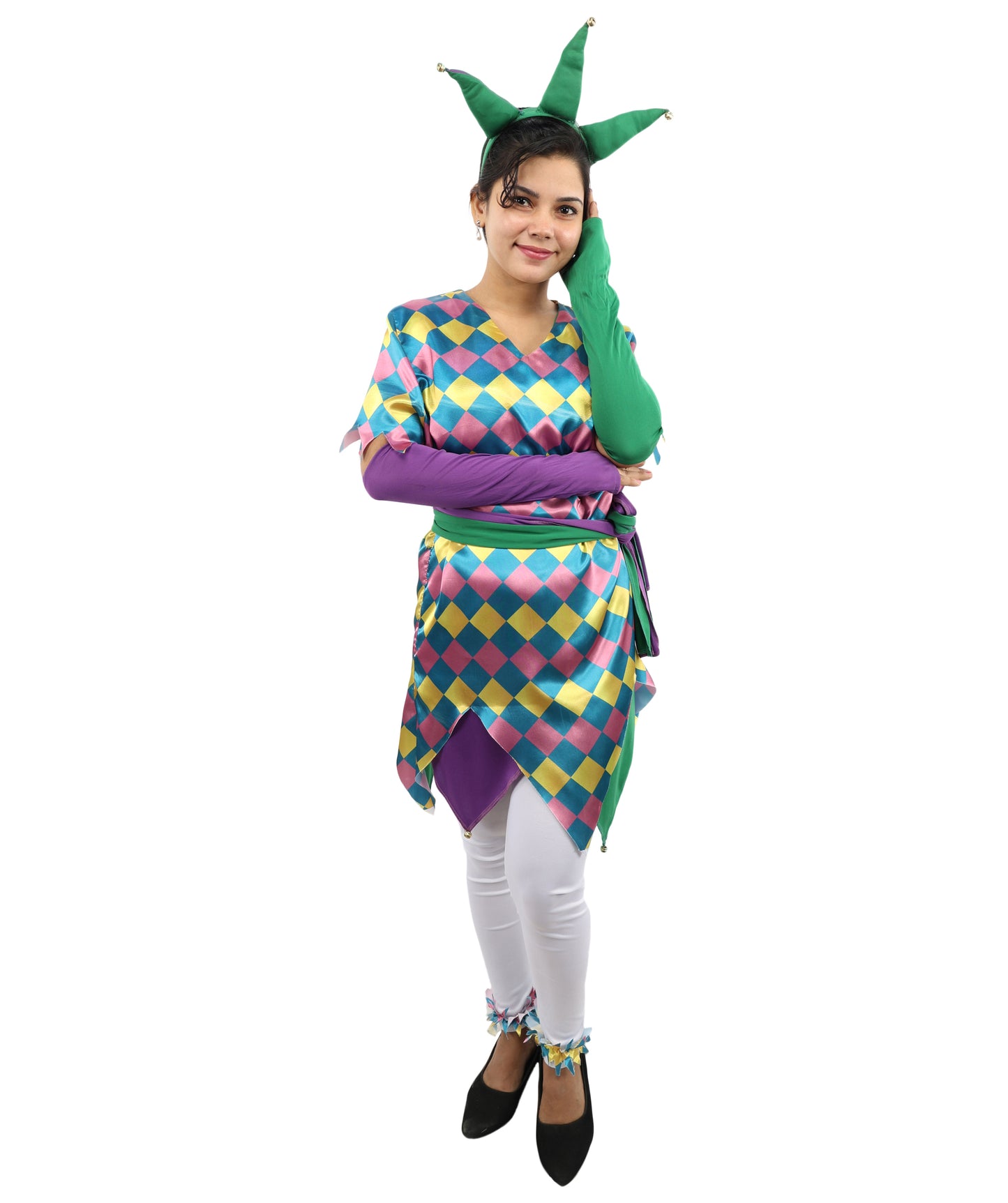 HPO Women's Sequin Jester Dress Costume – Multicolor Jester Style Outfit with Diamond Pattern | Party, Cosplay & Festival Wear