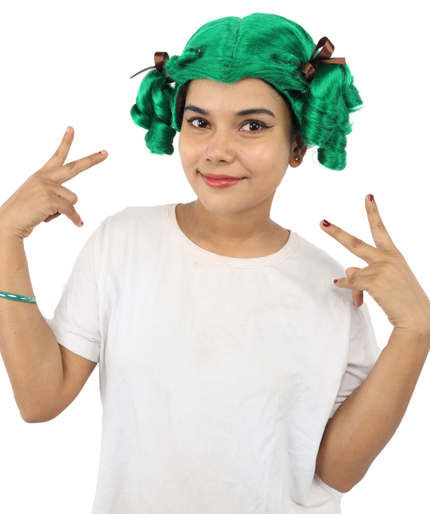HPO Women's Golden White Mixed Curly Pigtail Wig | Messy Ringlet Twin Tails with Attached Fabric Ribbons, Synthetic Fiber & Breathable Cap | Halloween, Movie Character Roleplay, Costume Party & Theater