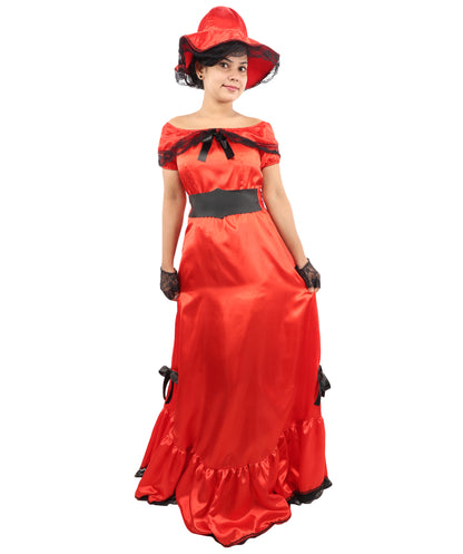 HPO Women’s Red Southern Belle Costume – Floor Length Ruffled Gown Dress | Vintage Theme Party, Halloween & Cosplay Outfit