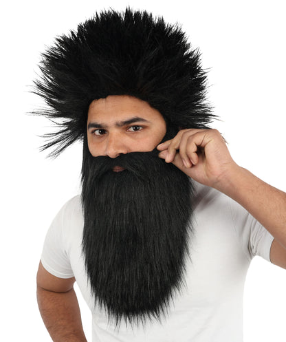 HPO Giant Wildman Wig Beard & Mustache Set | Black Frizzy Voluminous Hair Medium Facial Hair | Party Halloween Cosplay Theater Drag Performance Costume Events