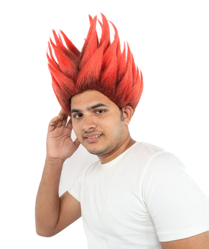 HPO Adult Men's Flame-Style Cosplay Wig | Fiery Red and Brown Spiky Hairstyle | Synthetic Wig for Halloween, Cosplay, Stage & Roleplay
